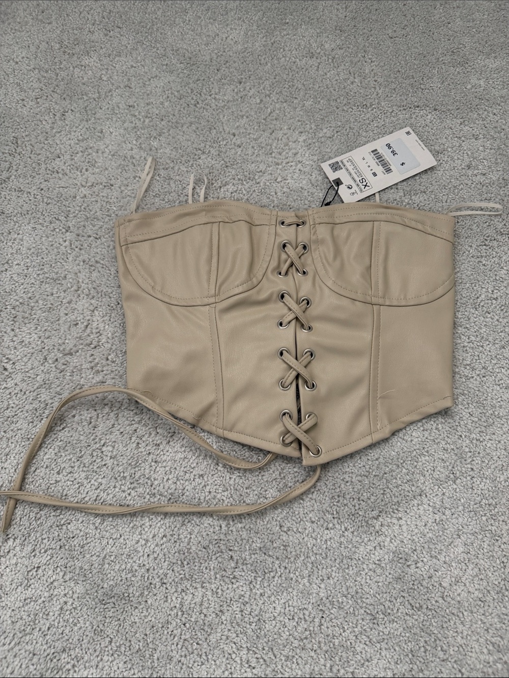 Zara Beige Faux-Leather Lace-Up Corset Crop Top